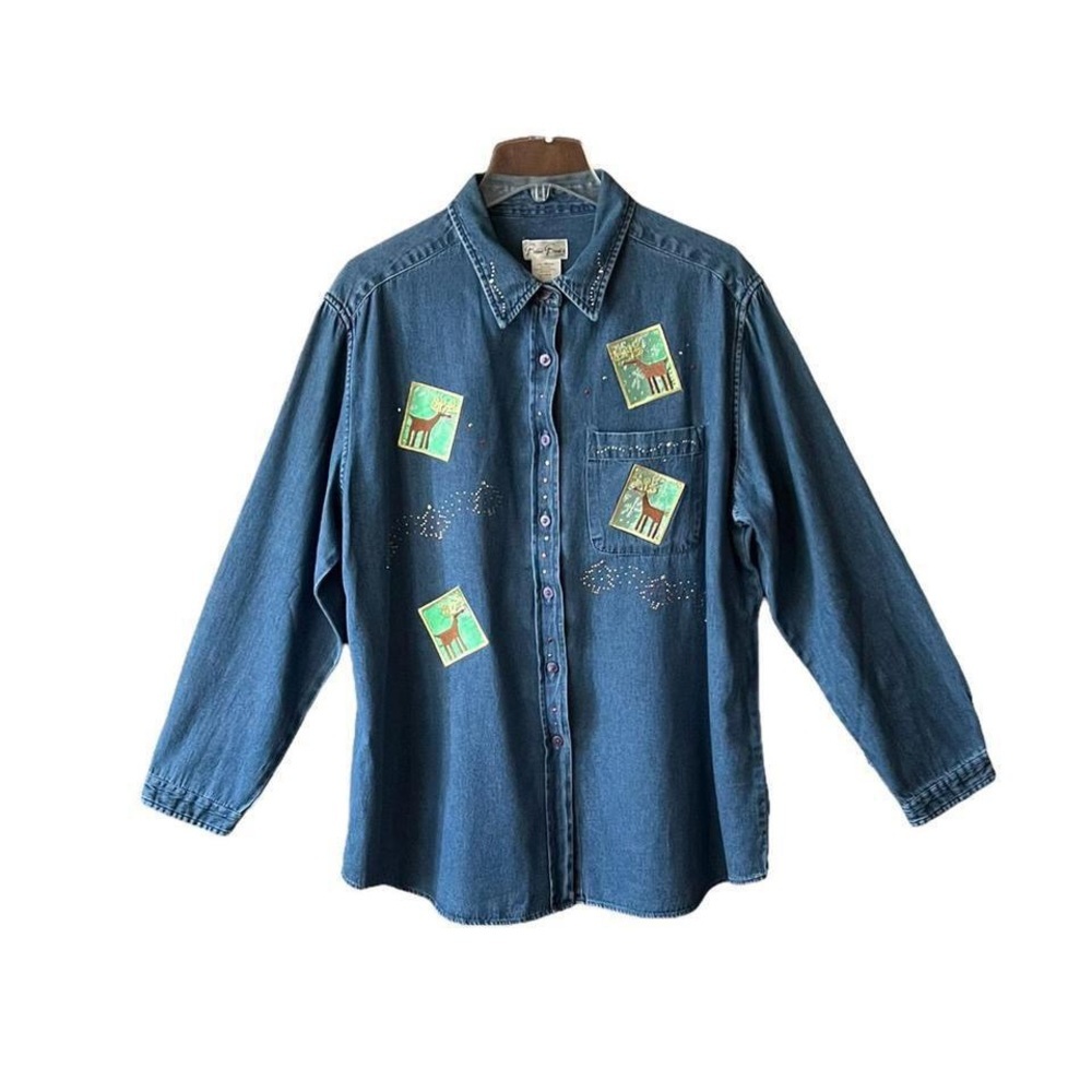 Vintage 90s Bobby Brooks, Rudolph reindeer denim Holliday day shirt